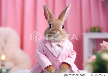 Easter bunny in a suit among pastel Easter eggs 109707517