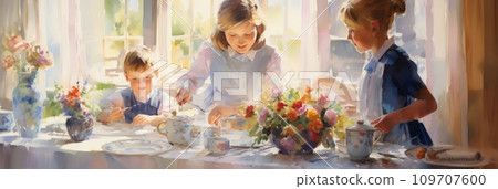 Mom and children decorating and painting Easter eggs Mom and children decorating and painting Easter eggs 109707600