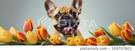 A cheerful dog with a bouquet of tulips A cheerful dog with a bouquet of tulips 109707601