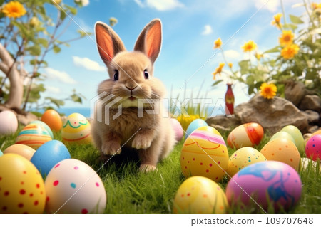 Easter bunny among Easter eggs Easter bunny among Easter eggs 109707648