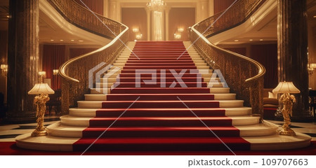 beautiful red carpet and the stairs leading into the lobby 109707663