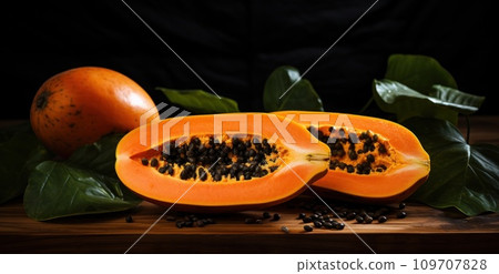 papaya cut in half on a wooden wooden board with leaves papaya cut in half on a wooden wooden board with leaves 109707828