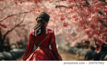 a chinese girl in front of thousands of cherry blossoms 109707902