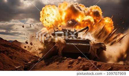 a military tank explode from the top of a hill a military tank explode from the top of a hill 109707909