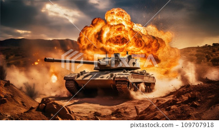 a military tank explode from the top of a hill 109707918
