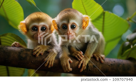 A pair of adorable baby monkeys cling to their mother's back as they swing through the trees A pair of adorable baby monkeys cling to their mother's back as they swing through the trees 109707940