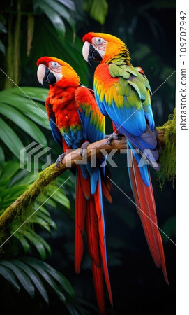 A pair of brilliantly colored macaws perch atop a branch A pair of brilliantly colored macaws perch atop a branch 109707942