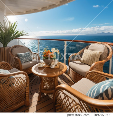A close-up of a luxurious cabin balcony on a cruise ship A close-up of a luxurious cabin balcony on a cruise ship 109707958