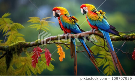 A pair of brilliantly colored macaws perch atop a branch A pair of brilliantly colored macaws perch atop a branch 109707959