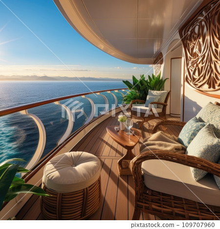 A close-up of a luxurious cabin balcony on a cruise ship A close-up of a luxurious cabin balcony on a cruise ship 109707960