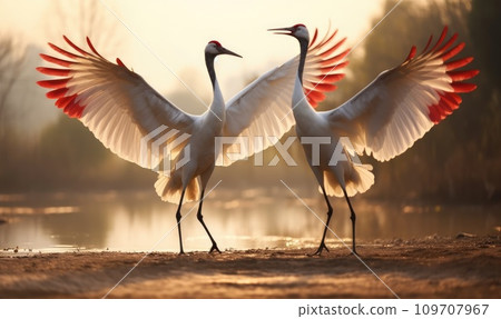 a pair of cranes take off 109707967