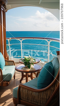 A close-up of a luxurious cabin balcony on a cruise ship 109707968