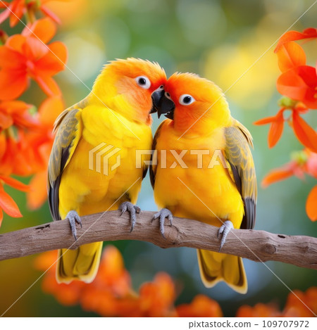 A pair of lovebirds sitting together on a branch, their bright orange and yellow feathers 109707972