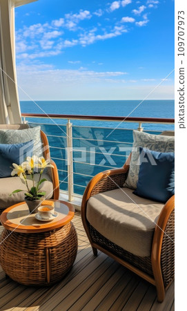 A close-up of a luxurious cabin balcony on a cruise ship A close-up of a luxurious cabin balcony on a cruise ship 109707973
