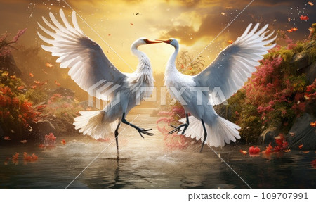 a pair of white cranes flies in to each other flying over water 109707991