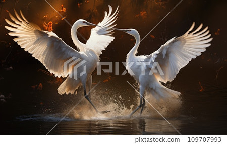 a pair of white cranes flies in to each other flying over water 109707993
