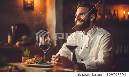 A photo of a chef enjoying a glass of wine and a delicious meal 109708294