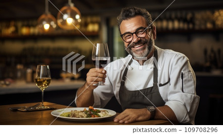 A photo of a chef enjoying a glass of wine and a delicious meal A photo of a chef enjoying a glass of wine and a delicious meal 109708296
