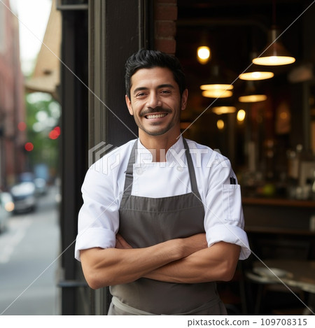 chef standing proudly in front of a restaurant, wearing his chef's jacket and a big smile chef standing proudly in front of a restaurant, wearing his chef's jacket and a big smile 109708315