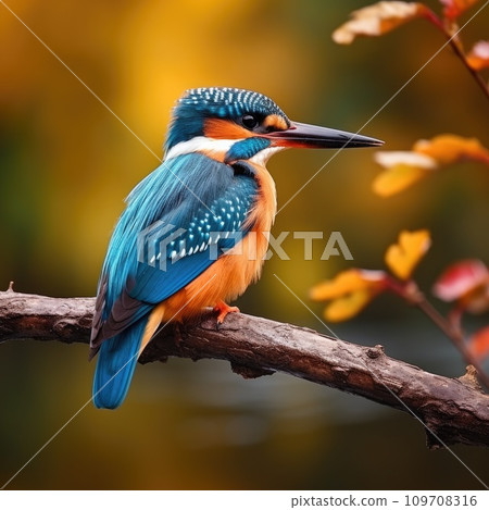 A colorful kingfisher perched on a tree branch A colorful kingfisher perched on a tree branch 109708316