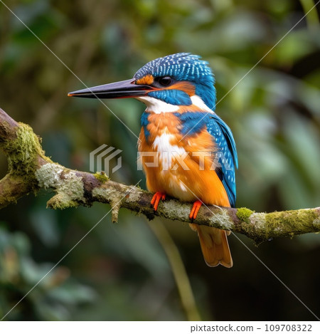 A colorful kingfisher perched on a tree branch A colorful kingfisher perched on a tree branch 109708322