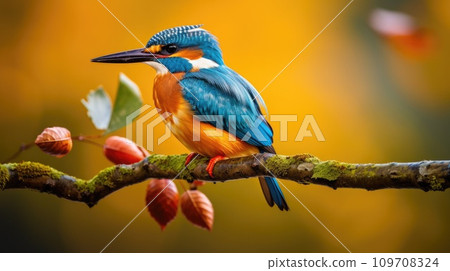 A colorful kingfisher perched on a tree branch A colorful kingfisher perched on a tree branch 109708324