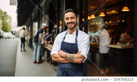 chef standing proudly in front of a restaurant, wearing his chef's jacket and a big smile chef standing proudly in front of a restaurant, wearing his chef's jacket and a big smile 109708325