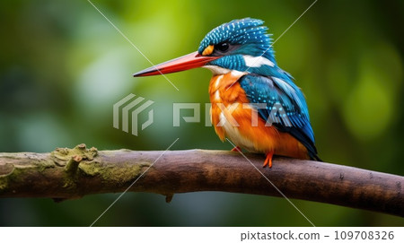 A colorful kingfisher perched on a tree branch A colorful kingfisher perched on a tree branch 109708326