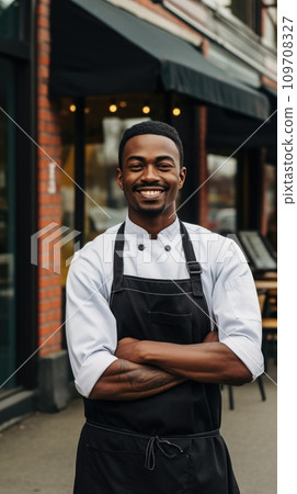 chef standing proudly in front of a restaurant, wearing his chef's jacket and a big smile chef standing proudly in front of a restaurant, wearing his chef's jacket and a big smile 109708327