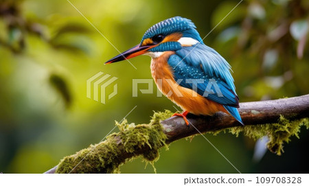 A colorful kingfisher perched on a tree branch 109708328