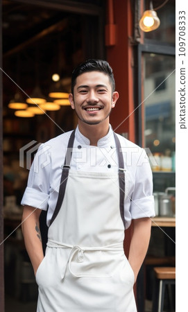 chef standing proudly in front of a restaurant, wearing his chef's jacket and a big smile chef standing proudly in front of a restaurant, wearing his chef's jacket and a big smile 109708333