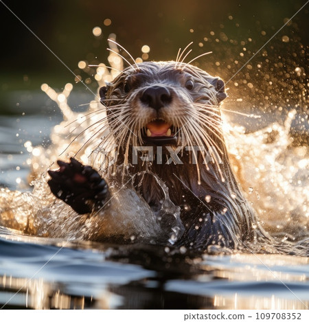 A curious and playful otter splashes through the water A curious and playful otter splashes through the water 109708352