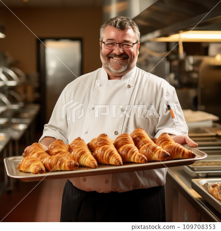a smiling chef holding a tray of freshly baked croissants a smiling chef holding a tray of freshly baked croissants 109708353