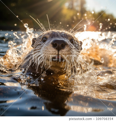 A curious and playful otter splashes through the water A curious and playful otter splashes through the water 109708354