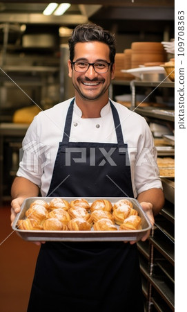 a smiling chef holding a tray of freshly baked croissants 109708363