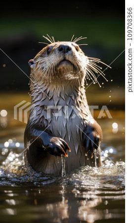 A curious and playful otter splashes through the water A curious and playful otter splashes through the water 109708366