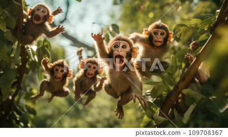 A playful group of monkeys swings through the trees A playful group of monkeys swings through the trees 109708367