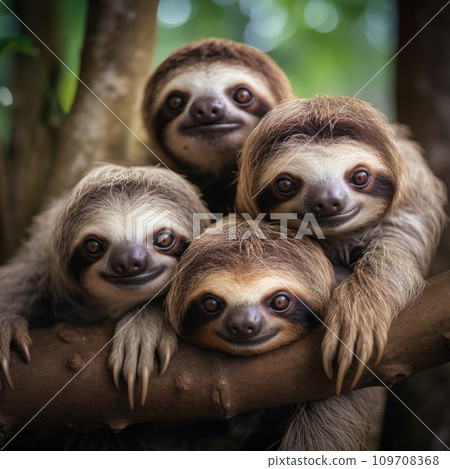 A family of adorable sloths clings contentedly to a tree trunk A family of adorable sloths clings contentedly to a tree trunk 109708368