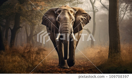 A regal and majestic elephant, its massive form dwarfing the trees around it A regal and majestic elephant, its massive form dwarfing the trees around it 109708397