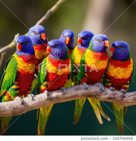 A group of brightly colored lorikeets perched on a tree branch A group of brightly colored lorikeets perched on a tree branch 109708468