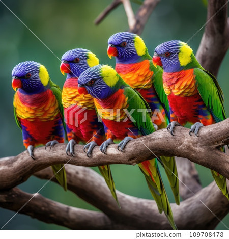A group of brightly colored lorikeets perched on a tree branch A group of brightly colored lorikeets perched on a tree branch 109708478