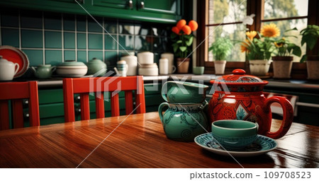 a kitchen table and drawers full of red and green dishes a kitchen table and drawers full of red and green dishes 109708523
