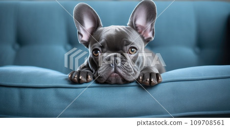 a little french bulldog leaning on a couch 109708561