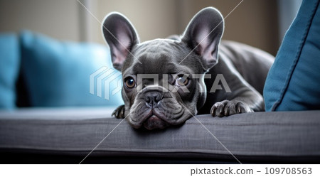 a little french bulldog leaning on a couch a little french bulldog leaning on a couch 109708563