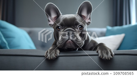 a little french bulldog leaning on a couch a little french bulldog leaning on a couch 109708565