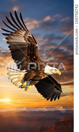 A majestic eagle soaring through the sky, with its powerful wings extended A majestic eagle soaring through the sky, with its powerful wings extended 109708742