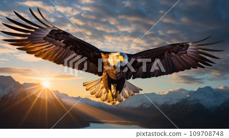A majestic eagle soaring through the sky, with its powerful wings extended 109708748