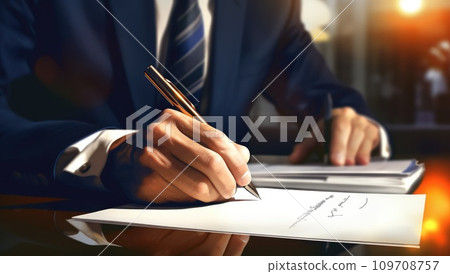 a businessman in a suit and tie writing down notes a businessman in a suit and tie writing down notes 109708757