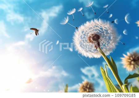 AI-generated content. Dandelion in the wind on blue sky 109709185