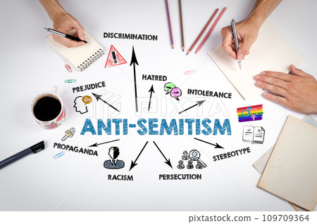 Anti-semitism Concept. The meeting at the white office table Anti-semitism Concept. The meeting at the white office table 109709364